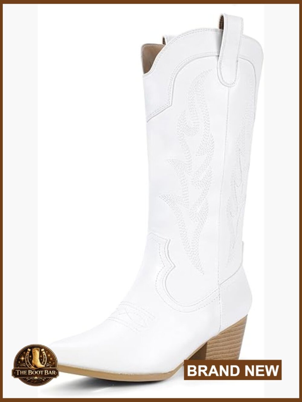 Mid Calf Cowgirl Boots Embroidered Western Chunky Heel Pull On Pointed Toe
